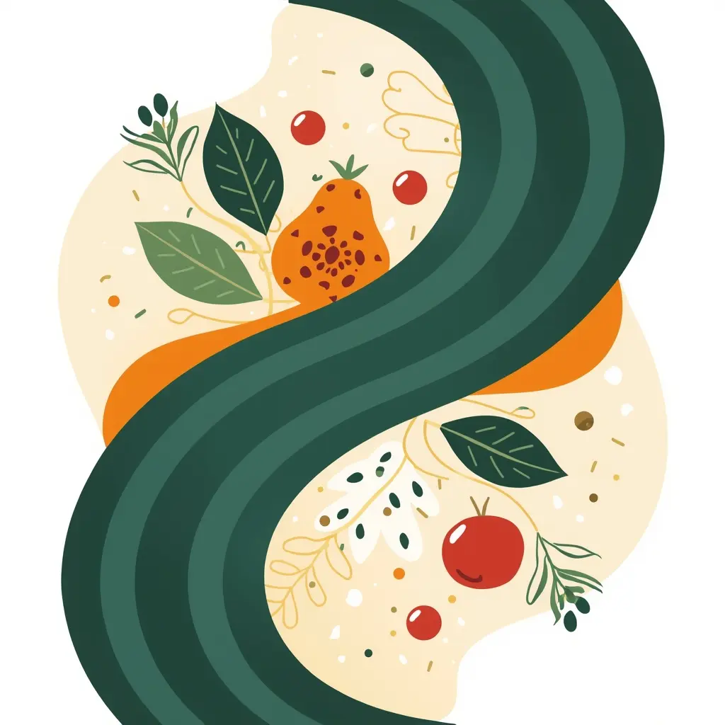 Abstract illustration with flowing lines and natural elements representing balanced nutrition